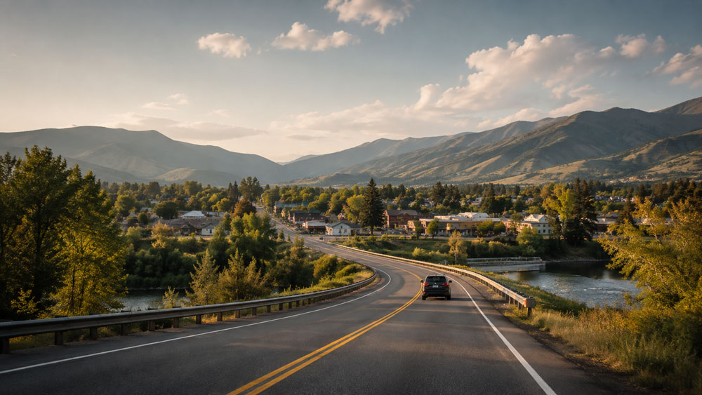 A car driving along a curved road toward a small mountain town at sunset, with a river beside the road and forested hills in the background.