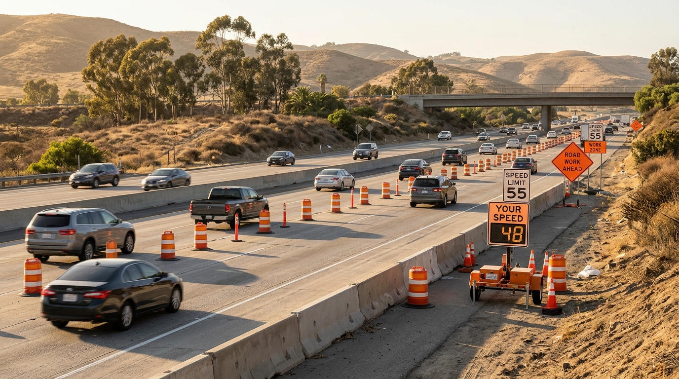 Conceptual work-zone speed monitoring equipment illustrating California's 2026 AB 289 pilot