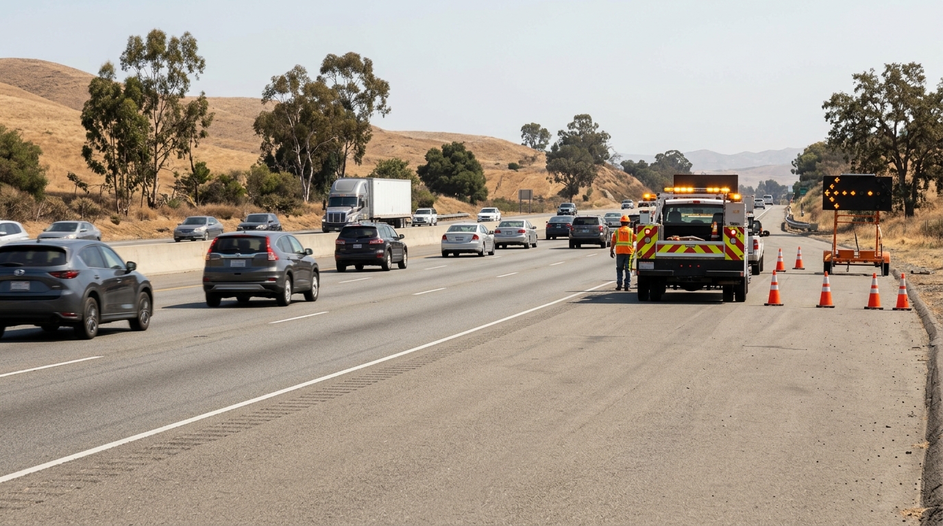 Drivers giving space to a roadside service vehicle under California's expanded Move Over law