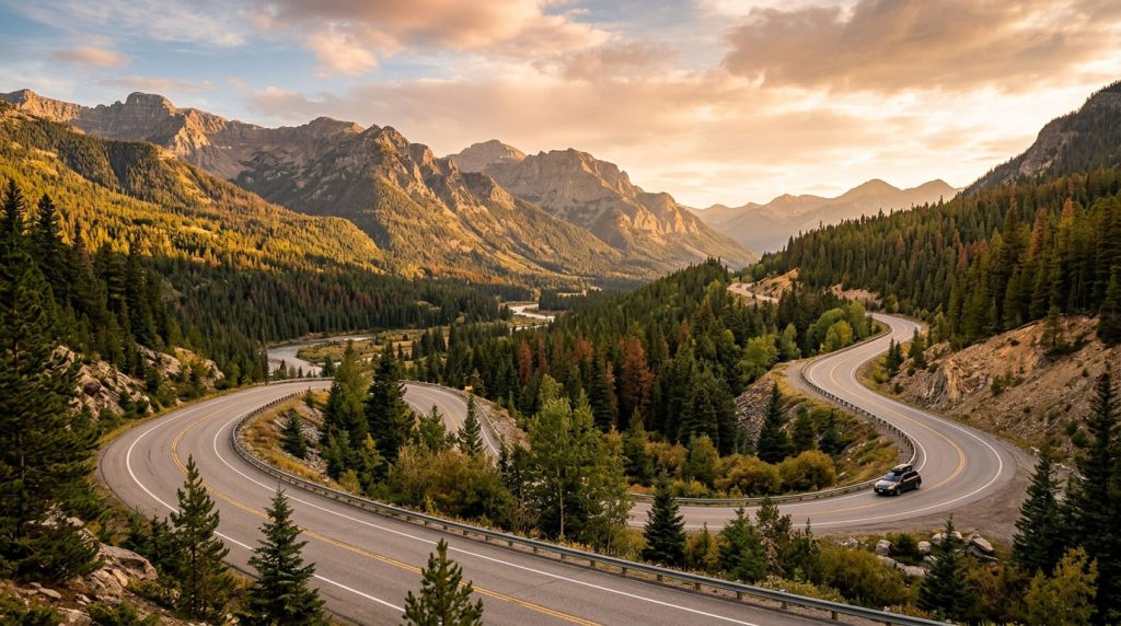 Scenic American highway winding through mountain landscape