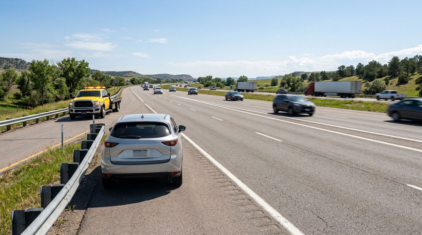 Car safely stopped on highway shoulder after a breakdown