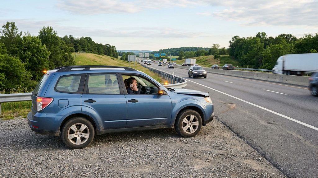 Driver calling for help after a highway breakdown