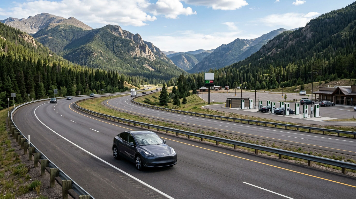 Electric vehicle traveling on a highway during a road trip
