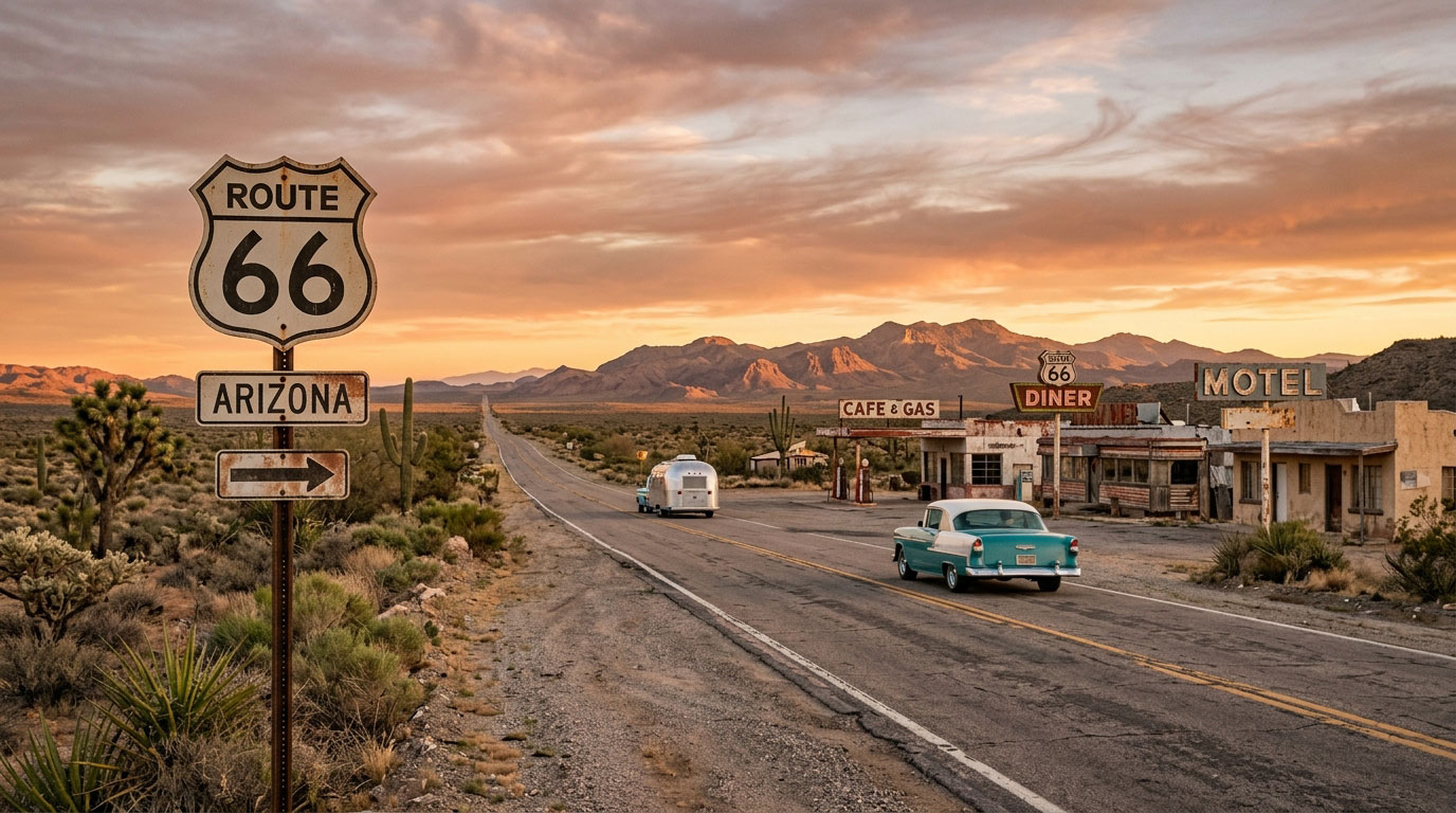 Historic Route 66 through the American Southwest at sunset