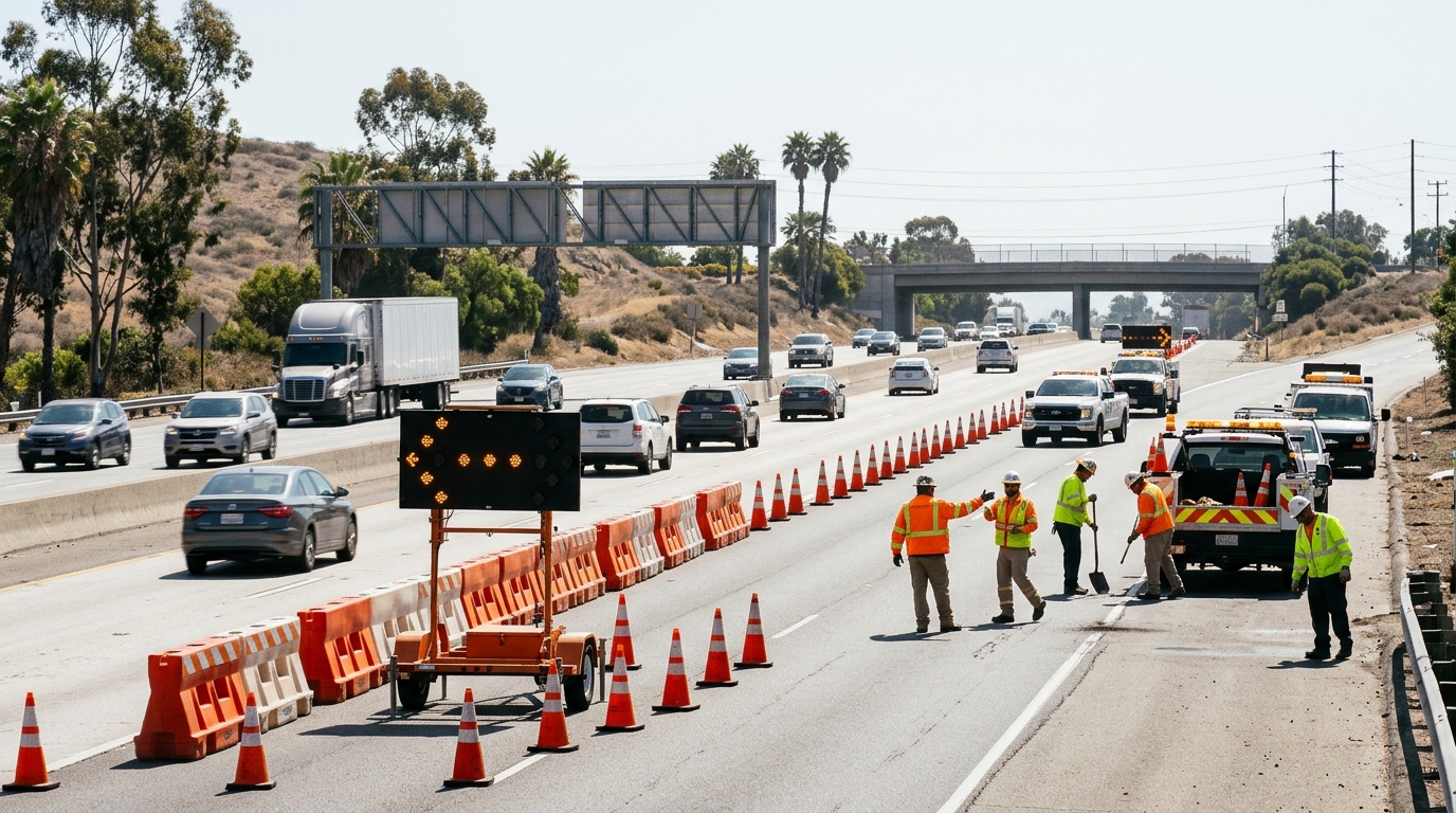 California highway work zone safety in 2026 showing construction barriers, workers, and passing traffic
